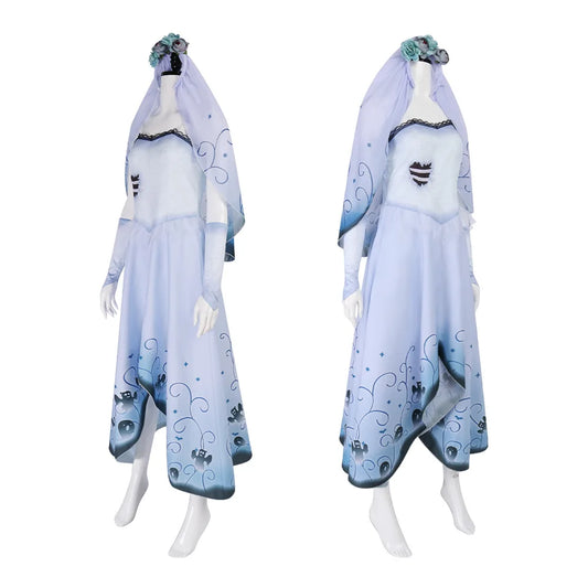 Bride Emily Cosplay Costume Wig Zombie Ghost Emily Blue Printed Dress Gothic Clothing Halloween Party Princess Dress Suit