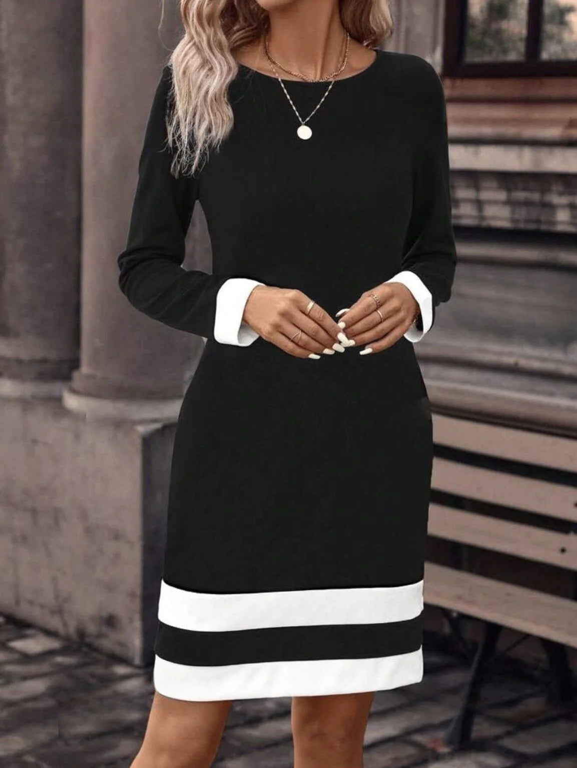 New clashing polka collar knit bottomed waistline for autumn and winter new long-sleeved thin bottomed top and slim dress