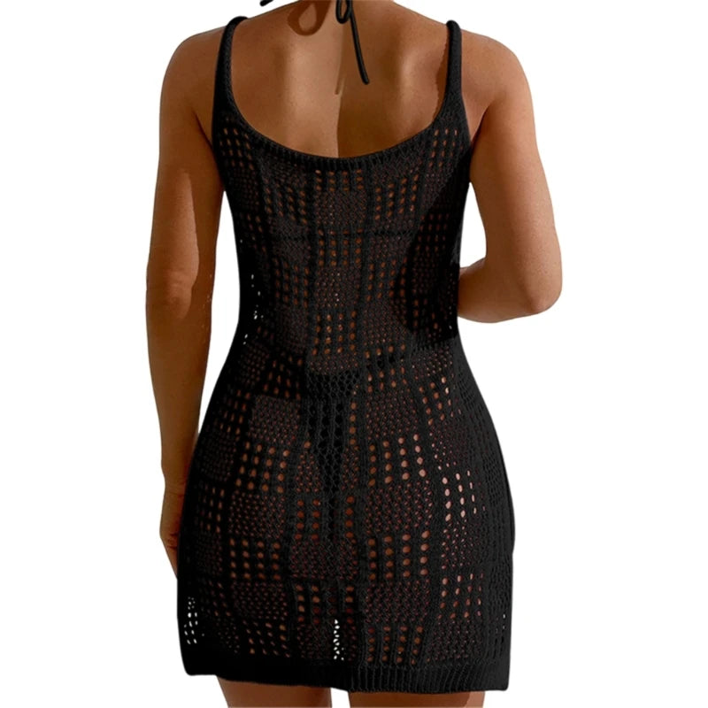 Women Sleeveless Beach Dress Crocheted Beach Cover Up Hollows Swimsuit Cover Up