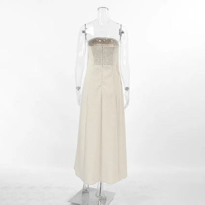 Minimalist Cotton Linen Design Strapless Dress Summer Women's Personal Street Elastic Backless Pocket Vacation Beach Dress