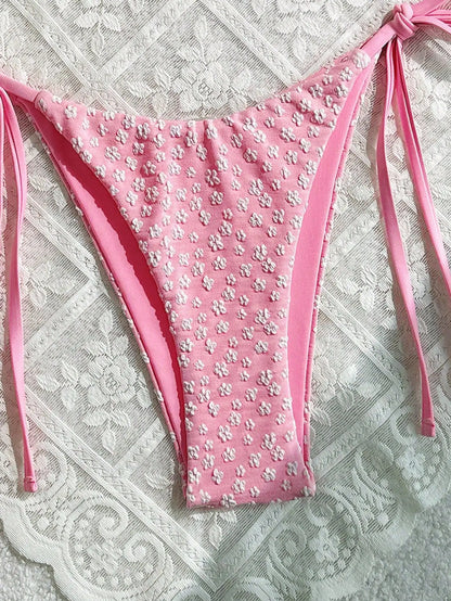Pink Floral Print Two Piece Bikini Set 2025 Swimsuit for Women Halter Push Up Backless Beach Swimwear Micro Thong Bathing Suit