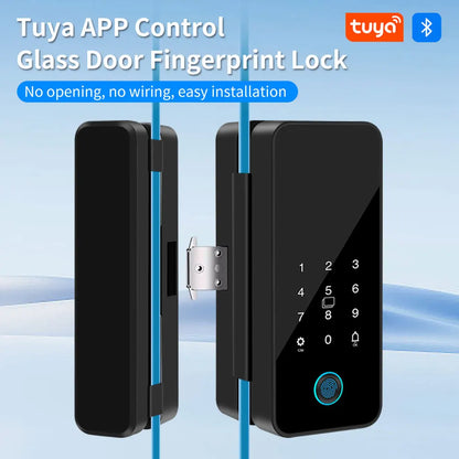 Tuya APP Glass Door Fingerprint Lock Bluetooth Smart Biometric Electronic Office Glass Door Lock 13.56Mhz RFID IC Keyless Unlock