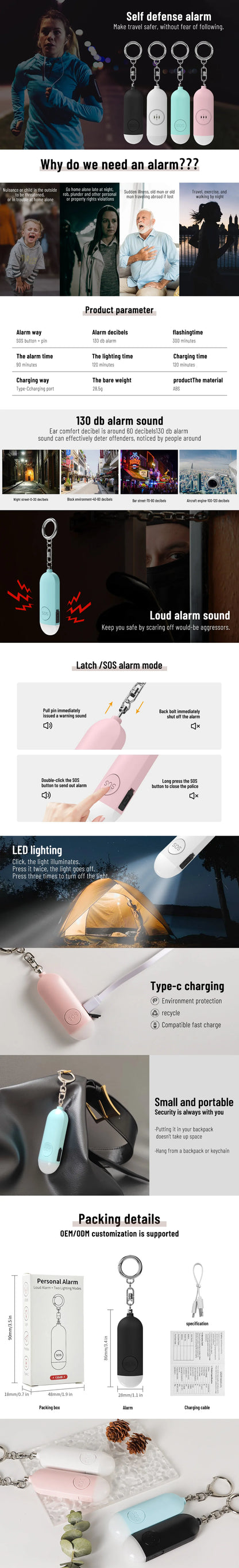 Emergency SOS Siren 130dB Personal Alarm Bright LED Flashlight Compact Self-Defense Safety Keychain for Women, Kids, and Seniors