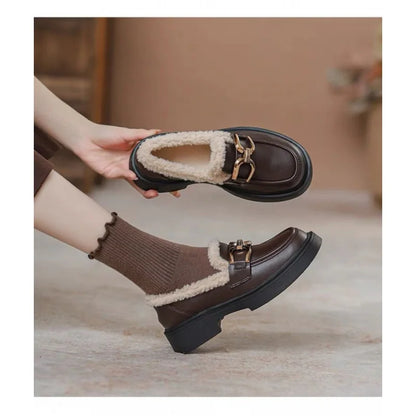 Women's Fur Lined Loafers Chunky Platform Winter Shoes Horsebit Slip On  Comfortable Flats