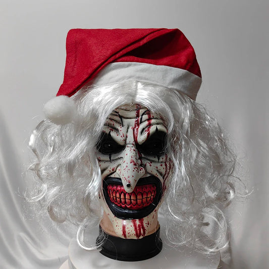 Scary Terrifier 3 Mask Latex with Christmas Hat White Hair Soft Joker Terrifier Cosplay Masks Clown Party Masks Adult One Size