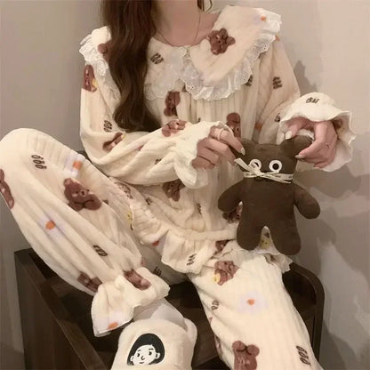 Ruffles Pajamas for Women Autumn Winter Peter Pan Collar Ruffle Sleeve Pajama Top and Elastice Waist Pants 2 Pcs Pajama Sets