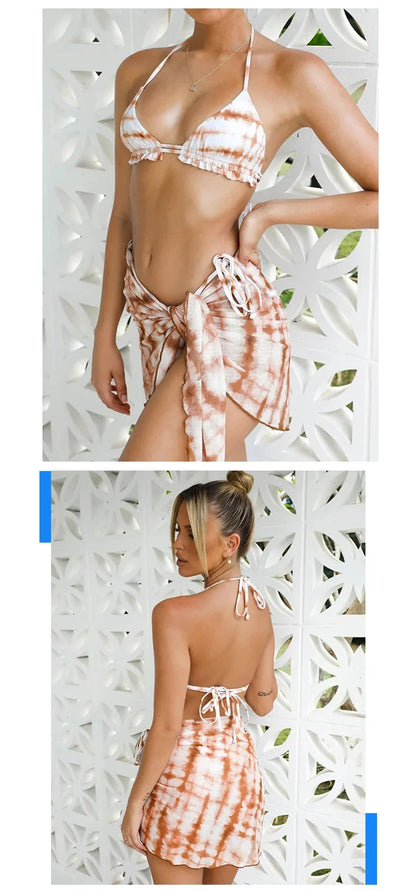 3 Piece Bikini Set Sexy Swimwear Swimsuit Women Triangle Leopard Rainbow Tie Dye Bikinis Set Bathing Suit Beach Skirt Cover Up