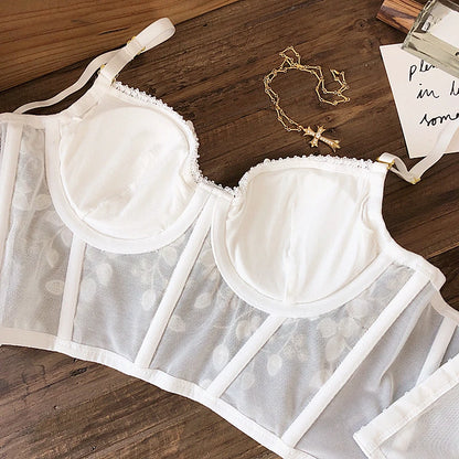 2 Pieces Sexy Lace Flowers Embroidery Underwear Set for Women French Body Shaping Push Up Bra Set Romantic White Lingerie Sets
