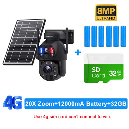 SHIWOJIA 4K 8MP 4G Solar Camera 20X Zoom Dual Lens Recording Humanoid Tracking Outdoor WIFI Camera Metal Waterproof CCTV