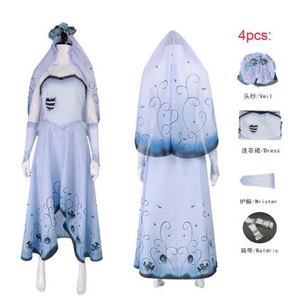 Bride Emily Cosplay Costume Wig Zombie Ghost Emily Blue Printed Dress Gothic Clothing Halloween Party Princess Dress Suit