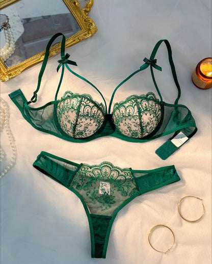2-piece women's black sexy female lingerie lightweight bow semi transparent lingerie set sexy Lace women's bra and panty set