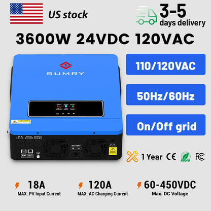 Sumry 3600w Hybrid Solar Inverter 110/120v 24v Dual Output with MPPT 120A 50/60hz Pure Sine Wave Home Inversor