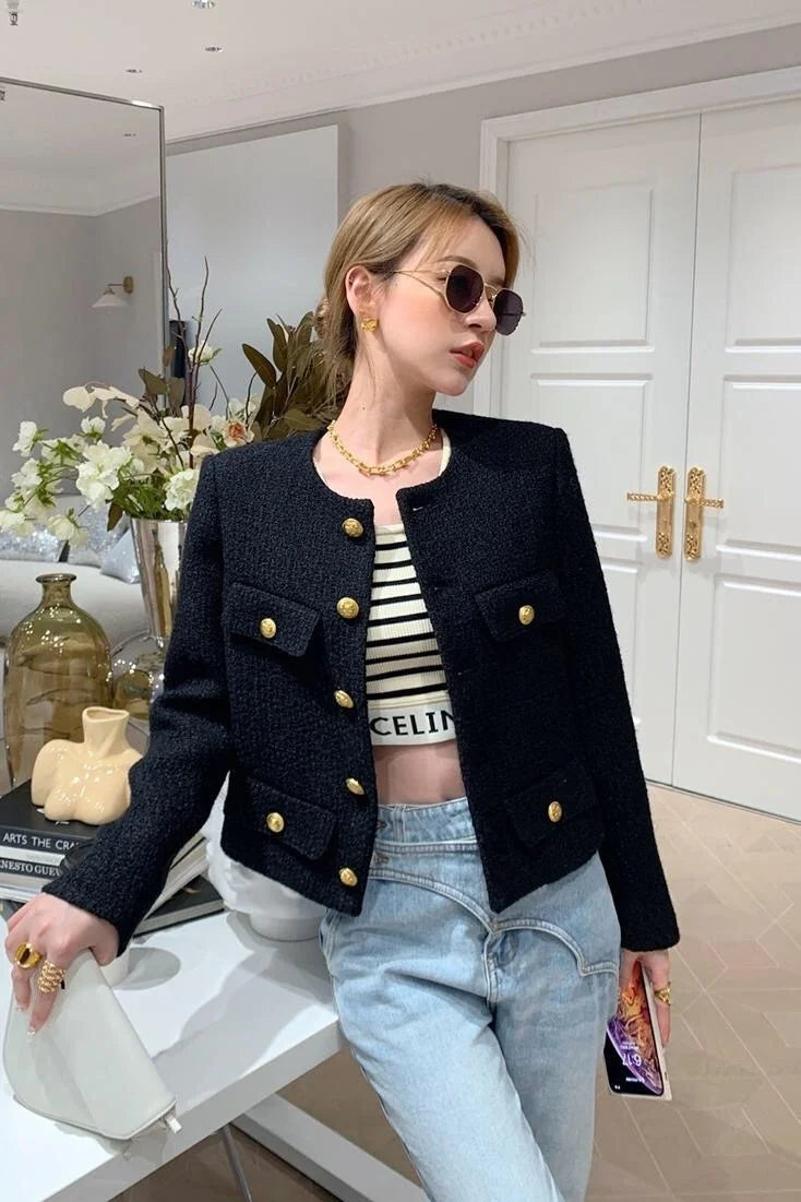Autumn Winter Small Fragrant Tweed Jacket Coat Women Vintage Woolen Short Coats Streetwear Elegant Casual Slim Outwear Crop Top