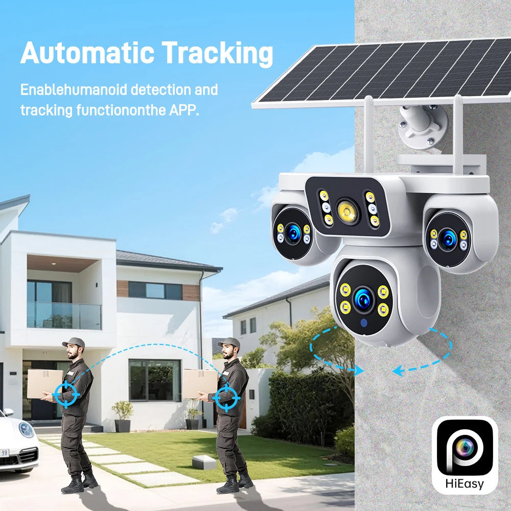 8K 15MP Triple Screen Solar Security Camera 4G LTE Wireless Solar Surveillance Cam 12X Zoom 12000mAh Security Protection CCTV