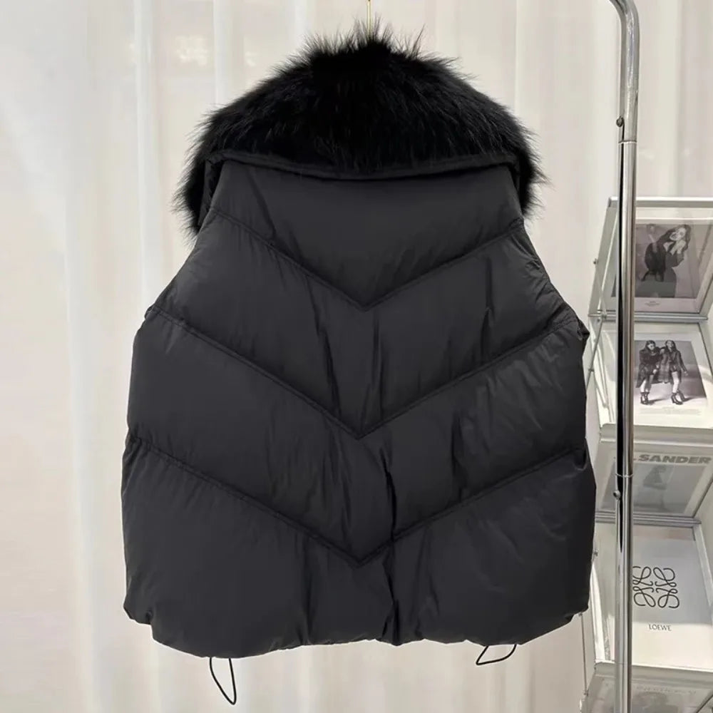 OFTBUY 2025 New Winter Large Real Raccoon Fur Puffer Coat Women Oversized Feather Down Parka Knit Sleeve White Duck Down Jacket