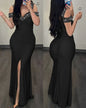 Womens Dresses 2024 Summer Fashion Contrast Sequin Ruched Slit Tassel Design Sexy Plunge Short Sleeve Skinny Maxi Evening Dress