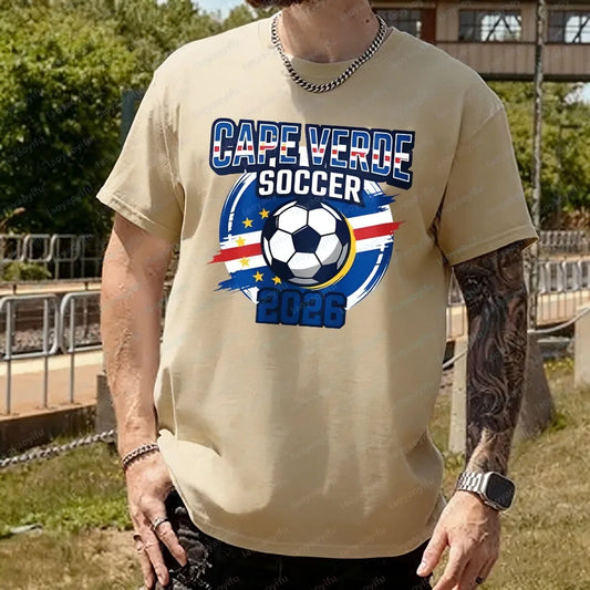 Men's T-Shirt with A Cape Verde 2026 Football Theme Printing Pattern Tshirt Cotton Short-Sleeve Summer Tops Celebration Outfit