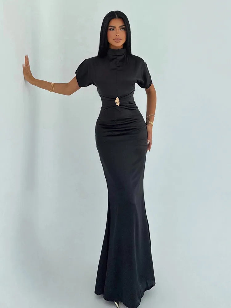 Blifanbo Turtleneck Elegant Maxi Dress Women Bodycon High Waist Robe Short Sleeve Patchwork Fashion Sexy Club Party Long Dress