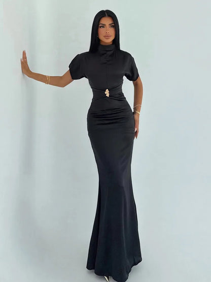 Blifanbo Turtleneck Elegant Maxi Dress Women Bodycon High Waist Robe Short Sleeve Patchwork Fashion Sexy Club Party Long Dress