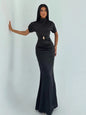 Blifanbo Turtleneck Elegant Maxi Dress Women Bodycon High Waist Robe Short Sleeve Patchwork Fashion Sexy Club Party Long Dress