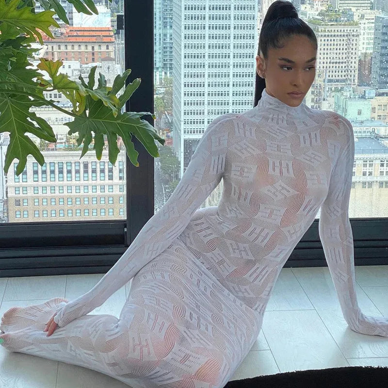 See Through Long Dress Women Sexy Long Sleeves Dresses Body-shaping Vestido Female Party Night Club Clothing Black White Dresses