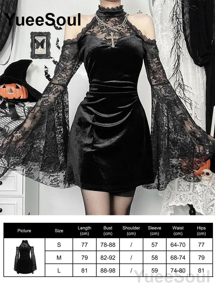 Halloween Gothic Grunge Punk Women Dress Long Sleeve Lace Slim Black Dresses 2025 New Y2K Harajuku Lolita Fairy Core Party Dress