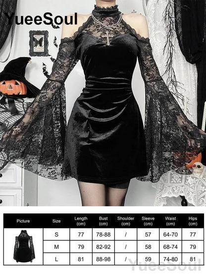 Halloween Gothic Grunge Punk Women Dress Long Sleeve Lace Slim Black Dresses 2025 New Y2K Harajuku Lolita Fairy Core Party Dress
