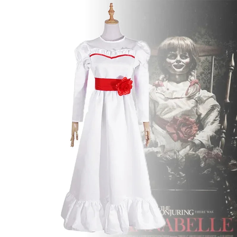 Movie Annabel Cosplay Costume For Women Kids Adult Halloween Costumes And Wig Horror Scary Fancy White Dress Outfits MN13