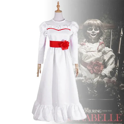 Movie Annabel Cosplay Costume For Women Kids Adult Halloween Costumes And Wig Horror Scary Fancy White Dress Outfits MN13