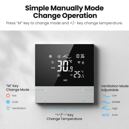 AVATTO Tuya WiFi Smart Central Air Conditioning Thermostat，Heating And Cooling Function 3 Speed Fan Coil For Alexa Google Home