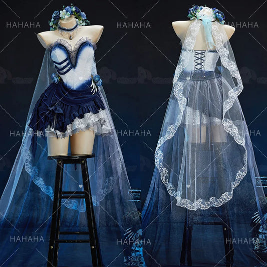 Zombie Bride Cosplay Costume Blue Ombre Gothic Victorian Lace Dress Halloween Anime Game Role Playing Outfit For Women Men