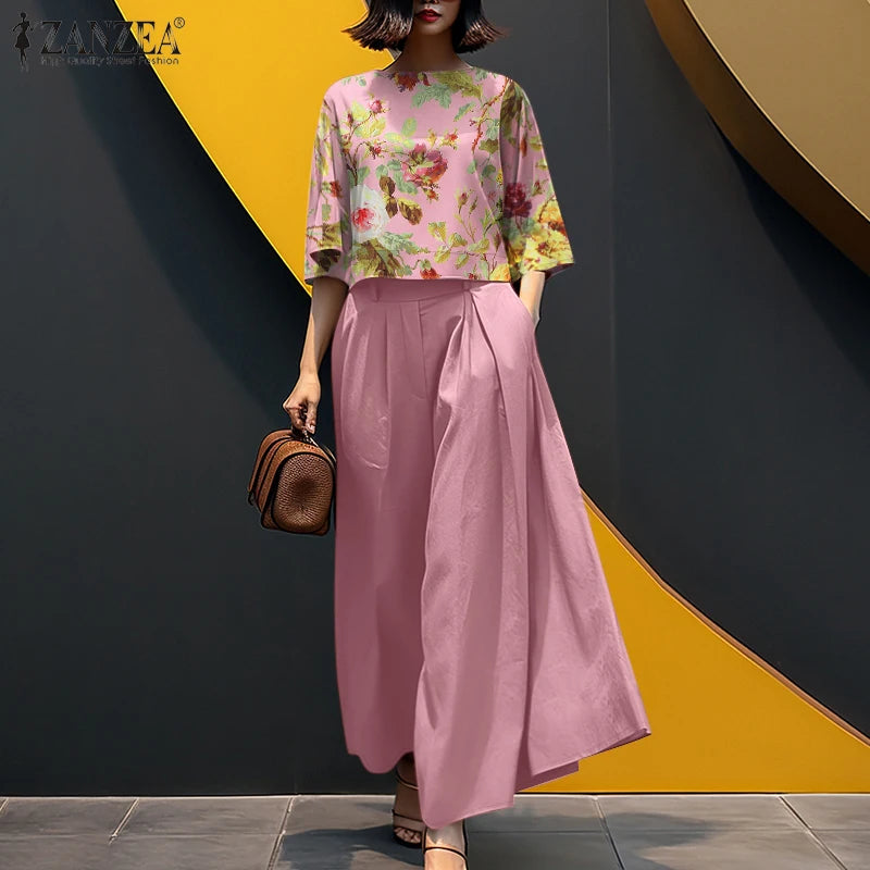 2025 ZANZEA Summer Pant Sets Fashion 2PCS Women Matching Sets O Neck 3/4 Sleeve Blouse Wide Leg Trousers Suit Casual Outfits