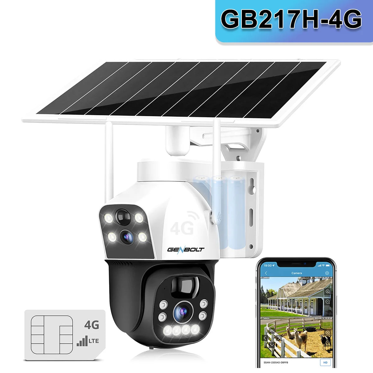 GENBOLT 4G Sim Camera Solar No WiFi Outdoor Dual Lens Spotlight Color Night Vision PIR Detection 8W 15600mAh Battery Home CCTV