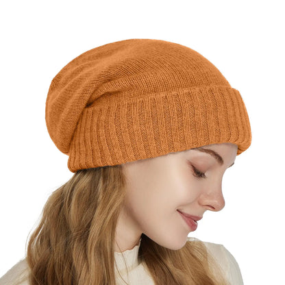 100%Cashmere Beanie Hat for Women's Winter Satin Lined Knitted Solid Skullies Cap Silk Lining Soft Warm Slouchy Bonnet