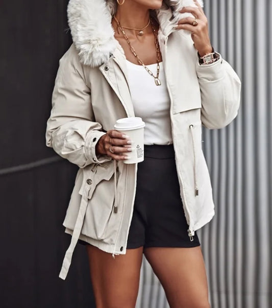 Quilted Jacket Woman Autumn Winter Faux Fur Lantern Sleeve Hooded Casual Plain Long Sleeve Pocket Zipper Cargo Parka Coat