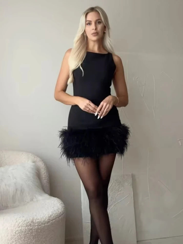 MUJER Feather Mini Dress Women Black Sleeveless Corset Dress Woman off Shoulder Party Dresses for Women Luxury Short Dress