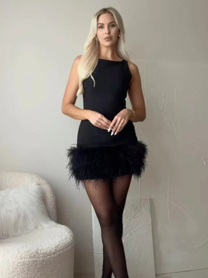 MUJER Feather Mini Dress Women Black Sleeveless Corset Dress Woman off Shoulder Party Dresses for Women Luxury Short Dress