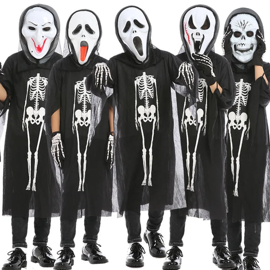 Halloween Scary Skeleton Ghost Cosplay Costume Masks Gloves Costume Suit Masquerade Carnival Horror Clothes for Adults Kids