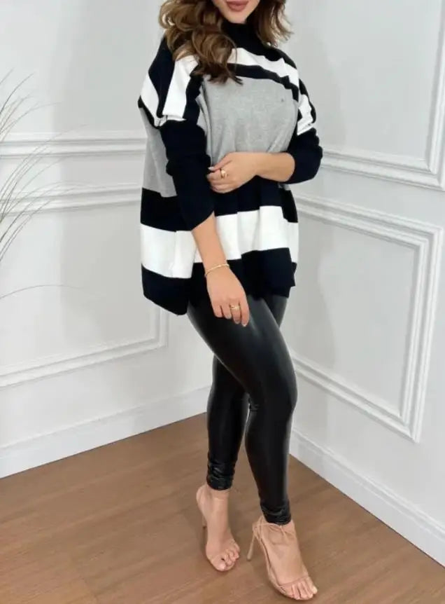 Women's Sweater Spring Autumn New Fashion Striped High Neck Long Sleeve Causal Loose Daily Pullover Sweater