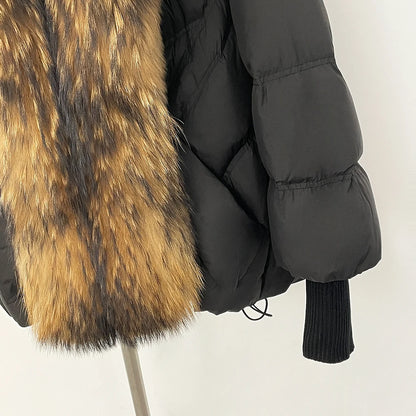 OFTBUY 2025 New Winter Large Real Raccoon Fur Puffer Coat Women Oversized Feather Down Parka Knit Sleeve White Duck Down Jacket