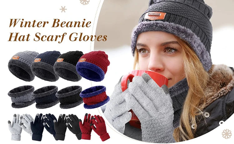 Winter Men Women Thick Beanie Hat Knitted Hat Winter Cap Beanie Female Wool Neck Scarf Cap Balaclava Mask Bonnet Hats Set