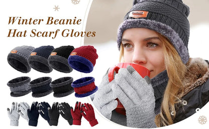 Winter Men Women Thick Beanie Hat Knitted Hat Winter Cap Beanie Female Wool Neck Scarf Cap Balaclava Mask Bonnet Hats Set
