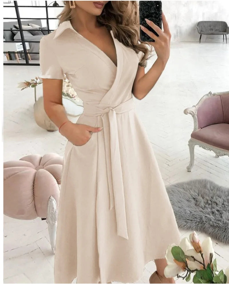 Office Lady Elegant Summer Short Sleeveless Dress Women Casual Turn-Down Collar Belt Dress Sexy V Neck Slim Solid Long PartyRobe
