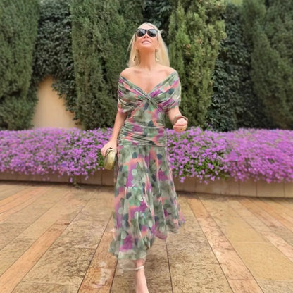 Elegant Women's Bat Sleeve Swing Party Dress Women's Low Breast Cocktail Party Dress Printed Pleated Party Dress Mesh Long Skirt