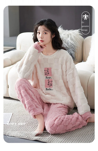 Thickened Warm Winter Couples Flannel Pajamas for Men and Women Cartoon Bear Sleepwear Loungewear Ladies Nightwear Homewear
