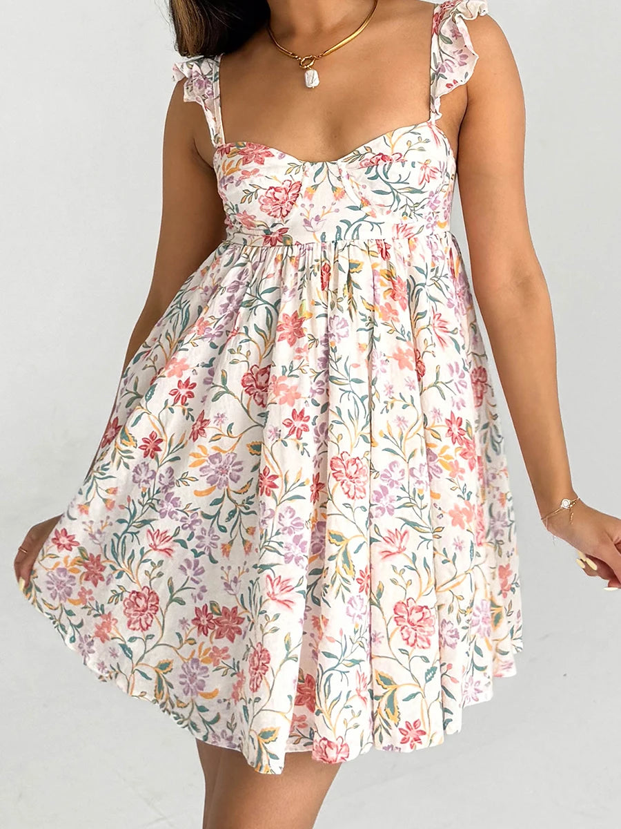 Women V-Neck Maxi Dress Sleeveless Ruffle Floral Print Boho Beach Dress Summer Casual Long Dress with Pockets