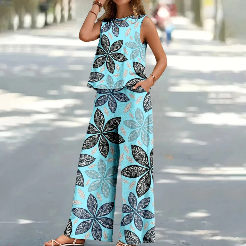 Bohemian Leaf Print Holiday Pants Set Round Neck Elegant Temperament Summer Sleeveless Top And Pants Hawaii Vacation Womenswear