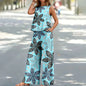 Bohemian Leaf Print Holiday Pants Set Round Neck Elegant Temperament Summer Sleeveless Top And Pants Hawaii Vacation Womenswear