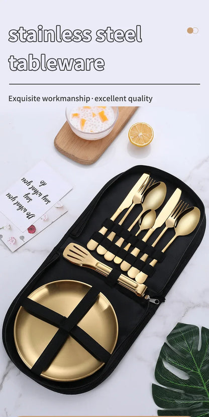 11 Pcs/lot Picnic Tableware Kit Portable Stainless Steel Knife Fork Spoon Plate Cutlery Set Outdoor Travel Camping Equipment