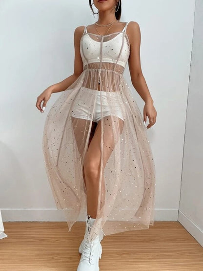 Women's Mesh Transparent Summer Dress Sleeveless Beach Dresses Bikini Cover Up Lightweight Beach Poncho Holiday  Beachwear